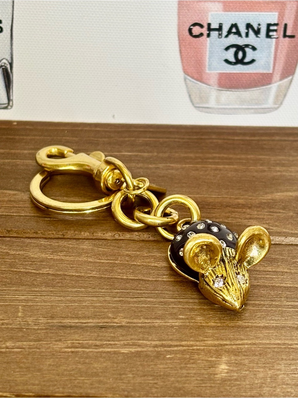 Gold Mouse Head Keychain with Black Accent and Rhinestones